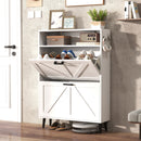 Farmhouse Shoe Storage Cabinet with Barn Door Design, Shoe Organizer with 2 Flip Drawers, Freestanding Narrow Shoe Rack Cabinet with Hooks for Entryway,Foyer,Hallway,(white)
