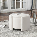 Round Ottoman teddy fleece cushioned footpads living room and bedroom footstool with storage space (White)