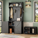 ON-TREND Farmhouse 4-in-1 Hall Tree with Barn Doors, Movable Bench with 7 Hanging Hooks and Shoe Storage Cabinet, 76.9'H Entryway Coat Rack with 6 Brake Wheels for Hallway, Living Room, Black