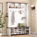 ON-TREND Farmhouse 4-in-1 Hall Tree with 6 Hooks, Practical Walnut Entryway Bench with Adjustable Shelves,  Wooden Style Rustic Shoe Organizer with 16 Open Compartments for Mudroom, Living Room, White