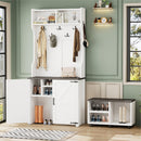 ON-TREND Farmhouse 4-in-1 Hall Tree with Barn Doors, Movable Bench with 7 Hanging Hooks and Shoe Storage Cabinet, 76.9'H Entryway Coat Rack with 6 Brake Wheels for Hallway, Living Room, White