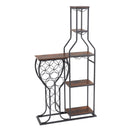 Rustic 11-Bottle Wine Bakers Rack with Hanging Glass Holder and Storage Shelves in Antique Brown, Metal & Wood, 5-Tier