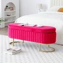Storage Bench Bedroom Bench, Velvet Oval Upholstered End of Bed Bench with Golden Metal Legs,50'Modern Storage Ottoman Bench for Bedroom, Living Room,Entryway,Window, Rose Red