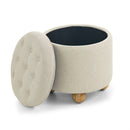 Modern Round Linen Storage Ottoman with Table Top Lid and Storage Space in Beige