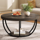 Round Coffee Table, 31.7' Grey Wooden 2-Tier Circle Coffee Table with Storage Shelves, Modern Accent Cocktail Table Center Table for Living Room