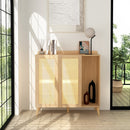 Pythia Oak Rattan Storage Cabinet – Modern Boho Accent Cabinet with Adjustable Shelves