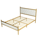 Queen Size Upholstered Platform Bed Frame with Gold Metal, Beige/Suede