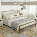 Queen Size Upholstered Platform Bed Frame with Gold Metal, Beige/Suede