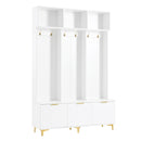 Modern Large Storage Hall Tree with Bench, Multifunctional Storage Bench with High Gloss Fluted Doors, Luxurious Coat Rack with 6 Gold Hooks and Legs for Entryway, Living Room, White