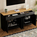 ON-TREND Farmhouse TV Stand with 2 Drawers for TVs Up to 70', Versatile Wood Grain Sideboard with Adjustable Shelves, Mid-Century Buffet Cabinet with Rustic Handles for Living Room/Bedroom, Black