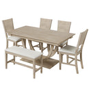TOPMAX Modern Style Natural Wood 6-Piece Dining Table Set with Bench and Chairs, Upholstered Seats, Rubberwood Frame