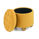 Modern Round Flannel Button Storage Ottoman with Table Lid and Storage Space in Dark Yellow