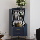 Wooden Corner bar cabinet with 2 open storage shelves and 2 drawers, mirrored back sideboard cabinet, high feet/legs for easy cleaning, buffet cabinet BLUE