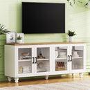 ON-TREND Farmhouse TV Stand with Tempered Glass Doors for TVs Up to 70', Versatile Sideboard with Adjustable Shelves, Elegant Buffet Cabinet with 5 Solid Wood Gourd-Shaped Legs for Living Room, White