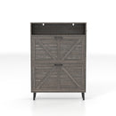 Farmhouse Shoe Storage Cabinet with Barn Door Design, 2 Flip Drawers, Hooks, Dark Oak, Particle Board and MDF, 31.5x9.4x44.7 inches
