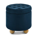 Modern Round Storage Ottoman Multi-Functional Flannel Button Ottoman with Tabletop Lid and Storage Space - Dark Blue