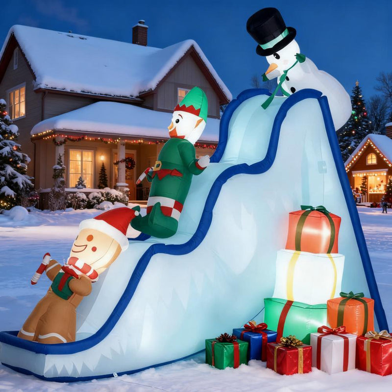 Festive Inflatable Christmas Slide Decor,Cute Elf, Gingerbread Man & Snowman with Lighted Gifts for Cheerful Holiday Yard Setup