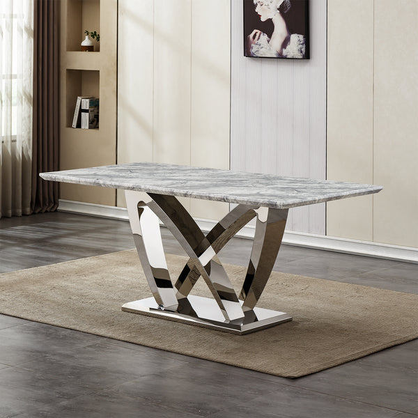 Marble Dining Table for 6 People, 70'' Rectangle Faux Marble Dining Table with Mirrored Finish Stainless Steel Base, Modern Large Size Marble Kitchen Table (Silver,Grey)(only table)