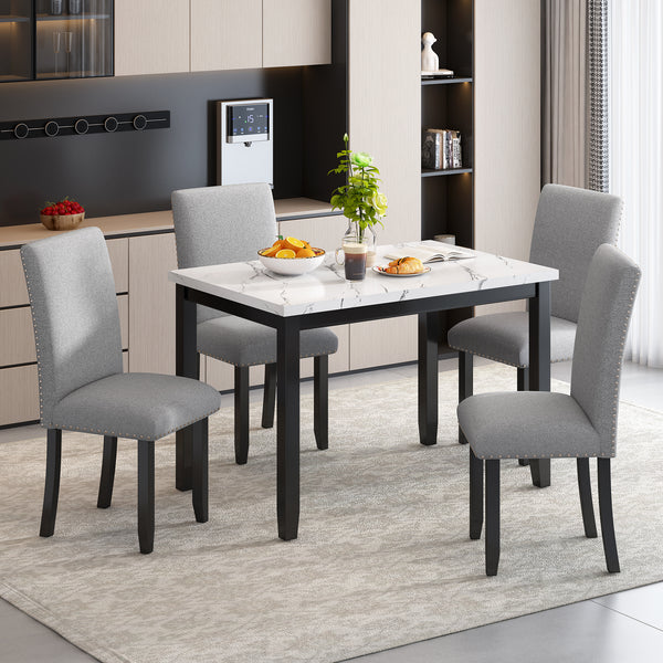 TREXM 5-Piece  Dining Table Set for 4, Modern Kitchen Table and Chairs Set of 4, Marble Dining Table with 4 Upholstered Chairs for Small Space (White/Light Gray+Black)