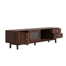 Mid Century Modern 70 inch TV Stand with Glass Sliding Doors and 2 Drawers, Dark Brown Solid Wood Frame, MDF Cabinet, for Living Room or Bedroom