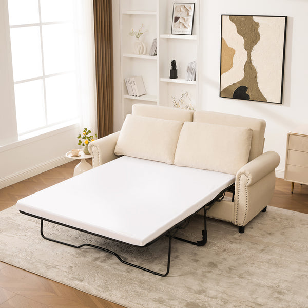 Sleeper Sofa Bed, Pull Out Couch with Mattress, 81.5'' 2 Seater Upholstery Sectional Couches, Modern Linen Convertible Sofa, Living Room Furniture for Small Spaces, Apartment, Studio,Beige