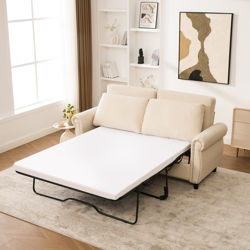 Sleeper Sofa Bed, Pull Out Couch with Mattress, 81.5'' 2 Seater Upholstery Sectional Couches, Modern Linen Convertible Sofa, Living Room Furniture for Small Spaces, Apartment, Studio,Beige