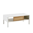 Modern Rattan Coffee Table with Sliding Door, Metal Legs, White MDF Body, 40.16 inches