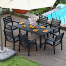 HDPE outdoor patio dining set, one table and six chairs. The outdoor dining furniture has sunshade holes and is suitable. It is suitable for lawns, gardens, backyards, and pool sides.Black,Waterproof