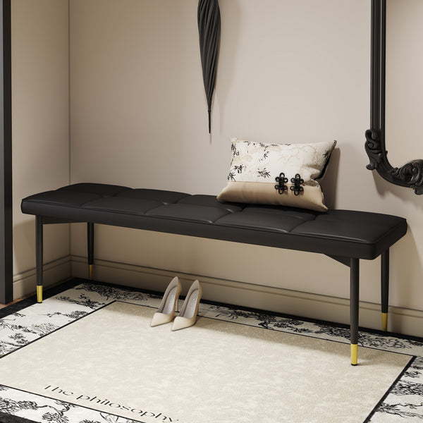 59*17 Inch Multifunctional Black Shoe Bench - Faux PU Cushion, Sturdy Metal Legs With Gold Accents.Suitable For Bedroom,Fitting room, Storage room, Dining room, and Living room,etc.W1151P214997