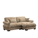 Modern Camel Velvet Two-Seater Sofa with Ottoman, Round Bolster Armrests, Waist & Throw Pillows