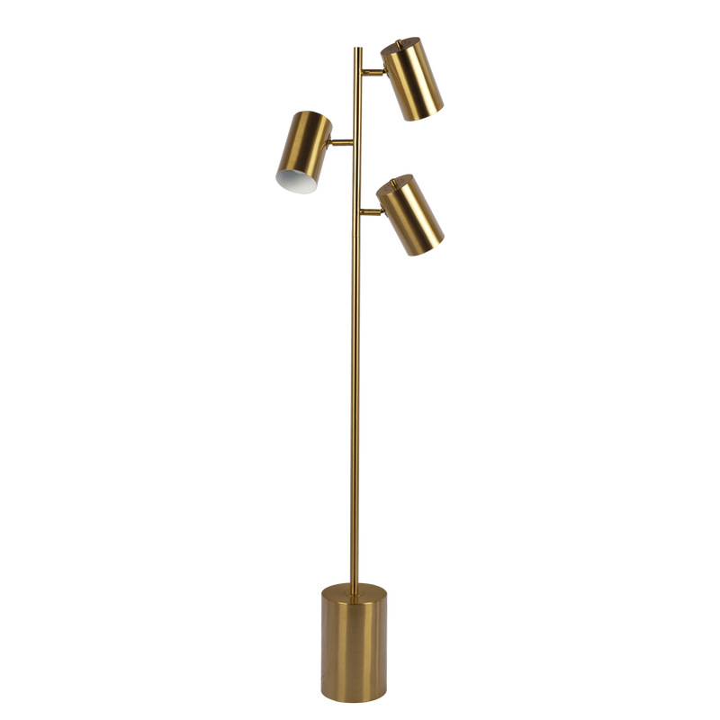 Harmony Brassed Gold Floor Lamp with Rotary Switch Triple Spots Metal Block Base