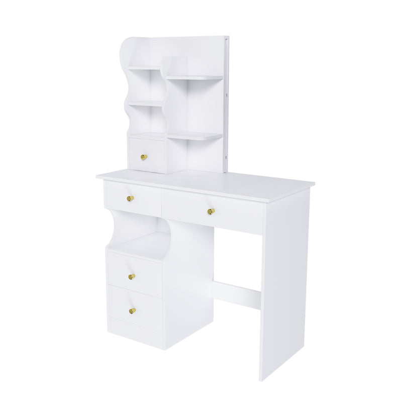 Modern White Dressing Table with Movable Mirror and LED Light, 5-Drawer Storage Organizer for Women's Bedrooms