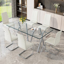Tempered Glass Dining Table Set for 6, Modern Rectangular Kitchen Table with Electroplated Metal Legs, 6 White PU Leather Upholstered Dining Chairs with Silver Chrome Base