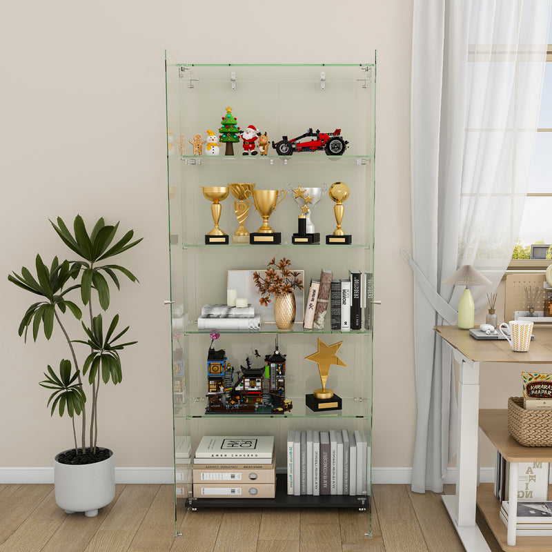 5-Tier Glass Display Cabinet with 5 Dynamic LED Modes, Double Doors & Fixed Shelves for Easy Access, Floor Standing Showcase for Home Office or Store Display