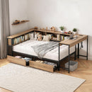 Corner Bed Frame Twin Size with Bookcase and 2 Underbed Storage Drawers, Modern Twin Bed with LED Light and Charging Station