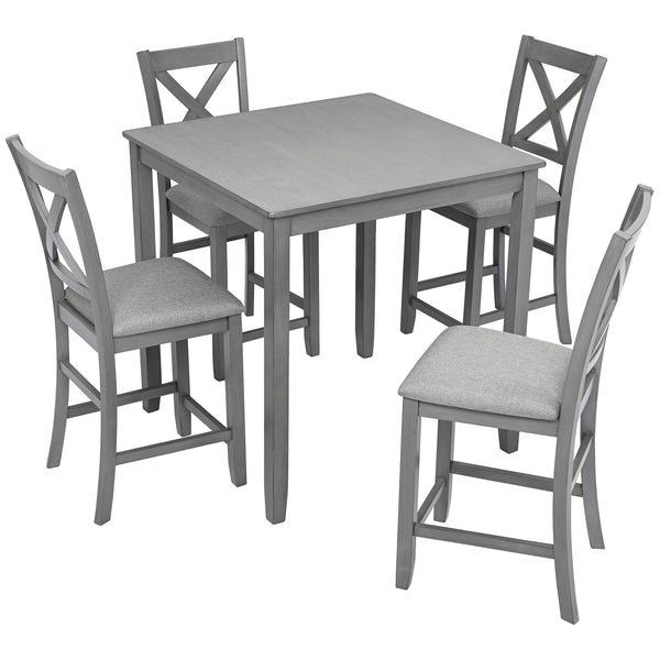 5 Piece Dining Table Set, Wooden Dining Square Table Set for 4, Counter Height Kitchen Table Set with Square Table and 4 Upholstered Chairs for Small Space, Gray
