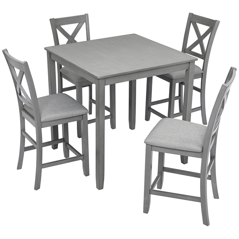 5 Piece Dining Table Set, Wooden Dining Square Table Set for 4, Counter Height Kitchen Table Set with Square Table and 4 Upholstered Chairs for Small Space, Gray