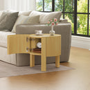Round Fluted Side Table with Storage for Living Room, Rubber Solid Wood, Soft-close Door, Natural, 19.6'