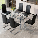 Tempered Glass Dining Table Set for 6, Modern Rectangular Kitchen Table with Electroplated Metal Legs, 6 Black PU Leather Upholstered Dining Chairs with Silver Chrome Base