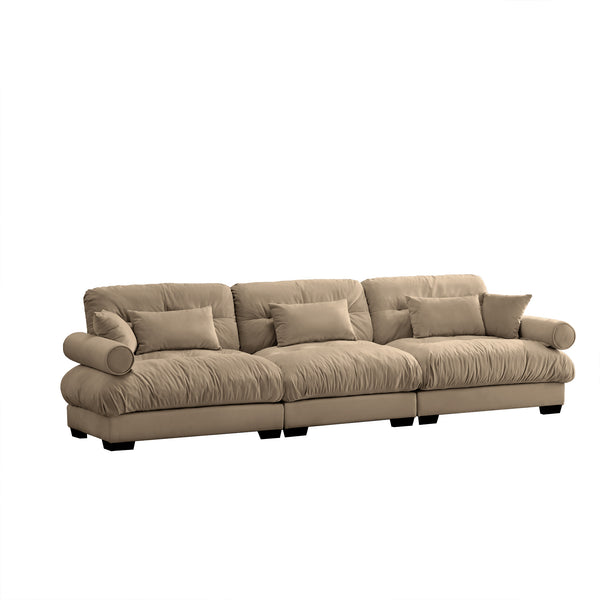 Modern Velvet Oversize 3-Seat Sofa with Cloud-Like Comfort in Camel, Featuring Waist and Throw Pillows