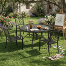 5-Piece Outdoor Patio Dining Set , 47' Round Wood-Grain Slat Table w/ Umbrella Hole + 4 Stacking Metal Chairs (350 lbs Capacity) , Rustproof, Breathable Design, 30-Min Assembly, Patio, Garden, Balcony