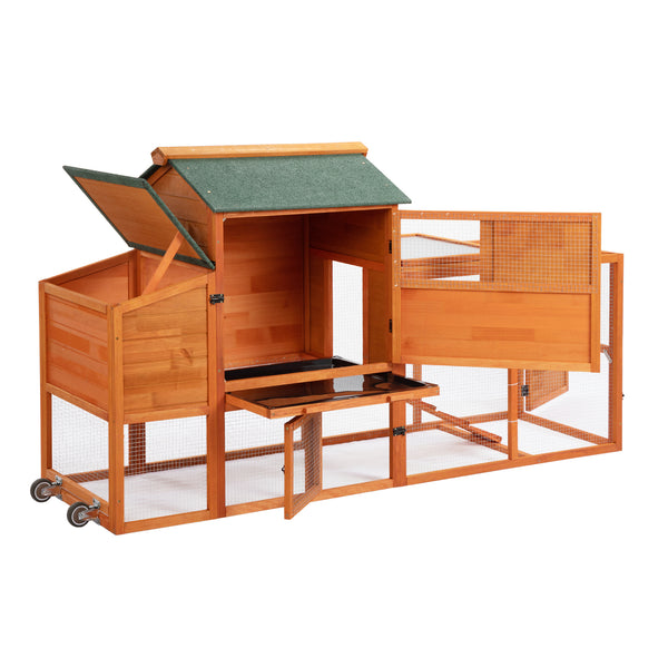 Portable Mobile Chicken Coop with Nesting Box, Sleeping Room, Run, Window, Sun Board, Doors, Pull-Out Tray, Wheels, Outdoor Backyard Pen for Small Animals, Orange with Colorful Patterns