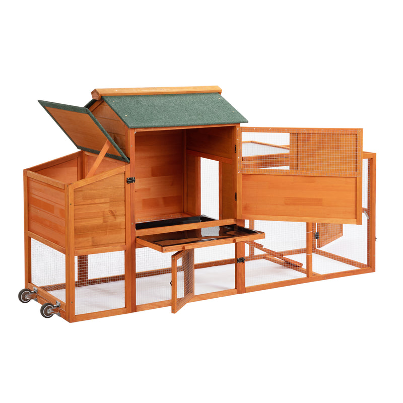 Portable Mobile Chicken Coop with Nesting Box, Sleeping Room, Run, Window, Sun Board, Doors, Pull-Out Tray, Wheels, Outdoor Backyard Pen for Small Animals, Orange with Colorful Patterns