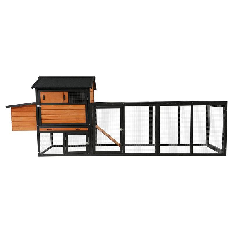 large main house,brown+black Wooden Chicken Coop, Large Outdoor Hen House with Run and Nesting Box Poultry Cage, Rabbit Hutch, Waterproof Anti-UV Panel for Backyard