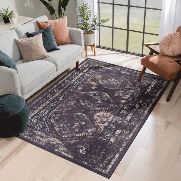 MAVAL Black Washable Rug 6' x 9' Runner Rug (Black+Burgundy, 6' x 9')
