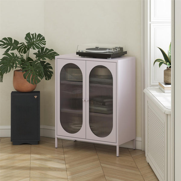 Luna Short 2-Door Metal Accent Cabinet with Fluted Glass