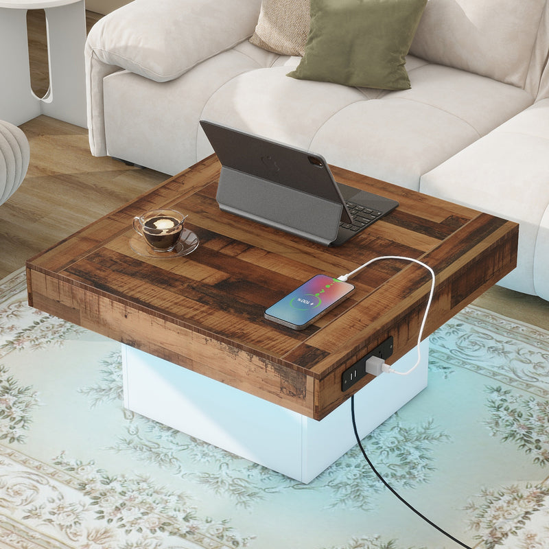 ON-TREND 31.4'' x 31.4'' Farmhouse Coffee Table with 2 USB Ports and Outlets, Brown Spliced Wood Grain Center Table with LED Light, Rustic Cocktail Table with Charging Station for Living Room, White
