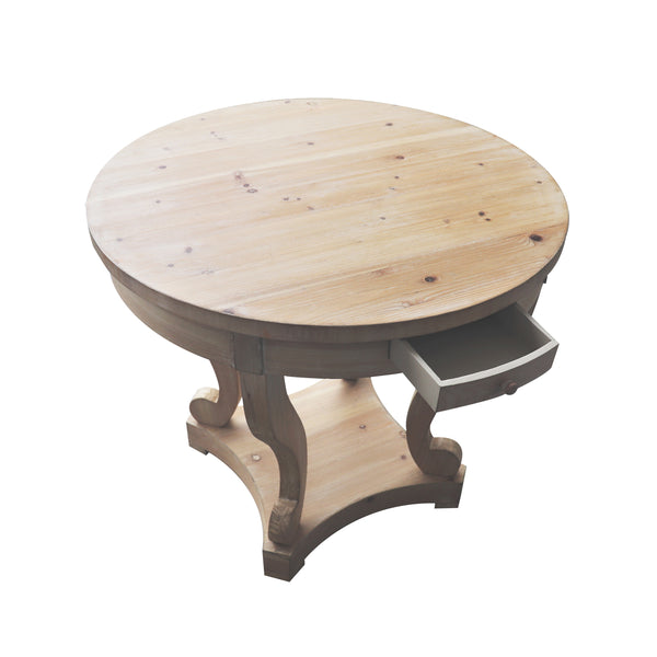 Farmhouse Style Round Dining Table with Curved Legs in Natural Wood Grain, Small Size, Distressed Finish