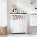 Modern Storage Cabinet with Double Doors, Freestanding Wood Cabinet with Open Shelf and Natural Wood Top, Multi-Purpose Organizer for Kitchen, Living Room, Bathroom or Entryway – White