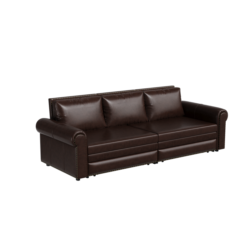 93.7 ' Pull Out Sofa Bed, 3-in-1 Dark Brown Faux Leather Convertible Sleeper Sofa with Nailhead Trim & Rolled Arm,Multi-Functional Sofa Bed for Living Room,Bedroom,Apartment,Office
